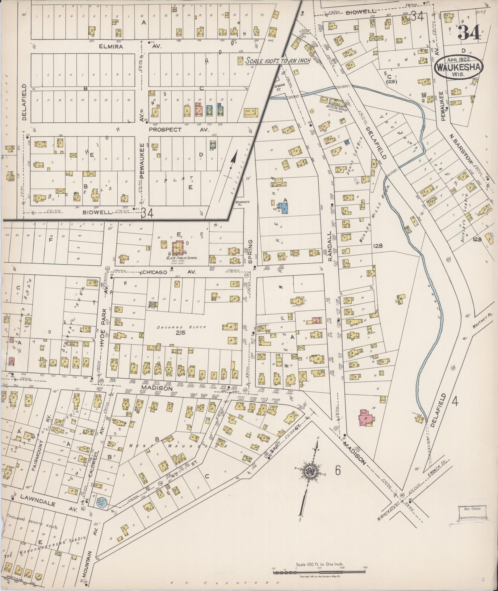 Sanborn Fire Insurance Map from Waukesha, Waukesha County, Wisconsin (1922), Sheet #0034 - Historic Sanborn Fire Insurance Map Print, vintage old map wall art, antique decor, genealogy gift, Wisconsin Wisconsin map