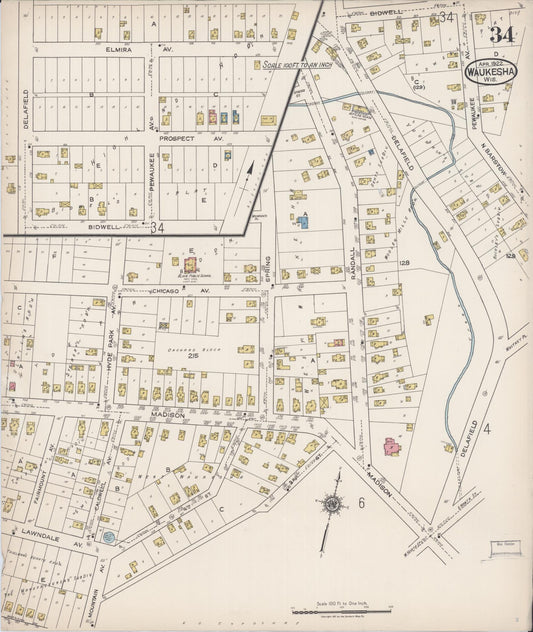 Sanborn Fire Insurance Map from Waukesha, Waukesha County, Wisconsin (1922), Sheet #0034 - Historic Sanborn Fire Insurance Map Print, vintage old map wall art, antique decor, genealogy gift, Wisconsin Wisconsin map