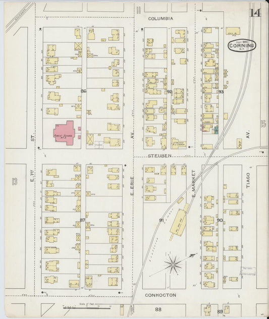 Sanborn Fire Insurance Map from Corning, Steuben County, New York (1893), Sheet #0014 - Historic Sanborn Fire Insurance Map Print, vintage old map wall art, antique decor, genealogy gift, New York New York map