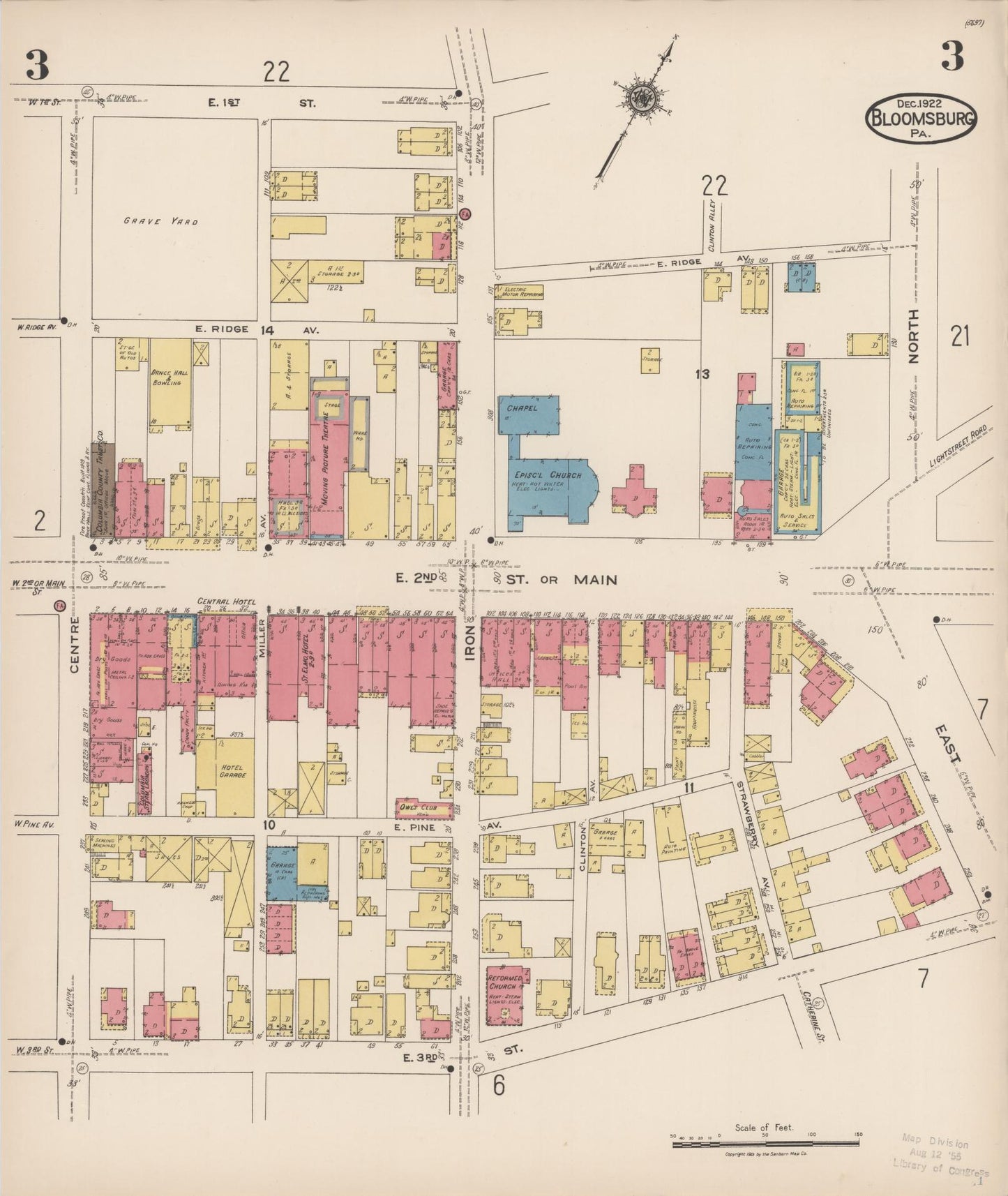 Sanborn Fire Insurance Map from Bloomsburg, Columbia County, Pennsylvania (1922), Sheet #0003 - Historic Sanborn Fire Insurance Map Print, vintage old map wall art, antique decor, genealogy gift, Pennsylvania Pennsylvania map