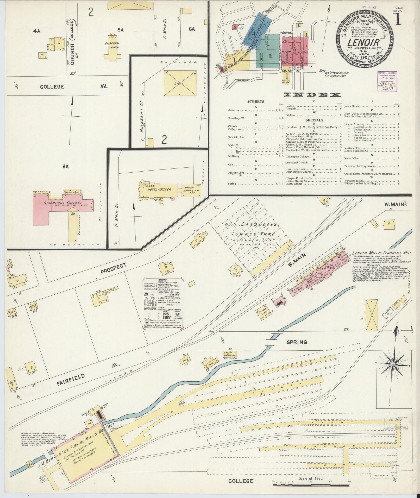 Sanborn Fire Insurance Map from Lenoir, Caldwell County, North Carolina (1907), Sheet #0001 - Historic Sanborn Fire Insurance Map Print, vintage old map wall art, antique decor, genealogy gift, North Carolina North Carolina map