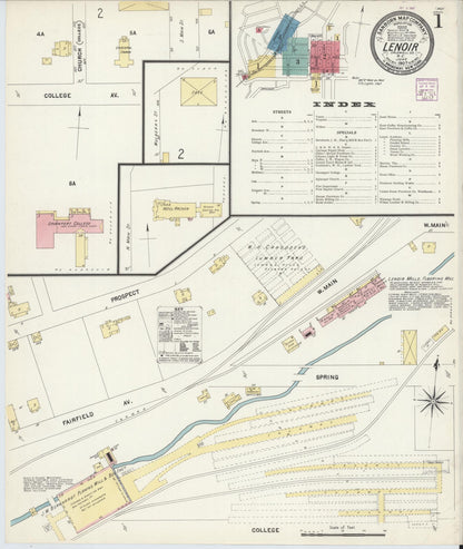 Sanborn Fire Insurance Map from Lenoir, Caldwell County, North Carolina (1907), Sheet #0001 - Historic Sanborn Fire Insurance Map Print, vintage old map wall art, antique decor, genealogy gift, North Carolina North Carolina map