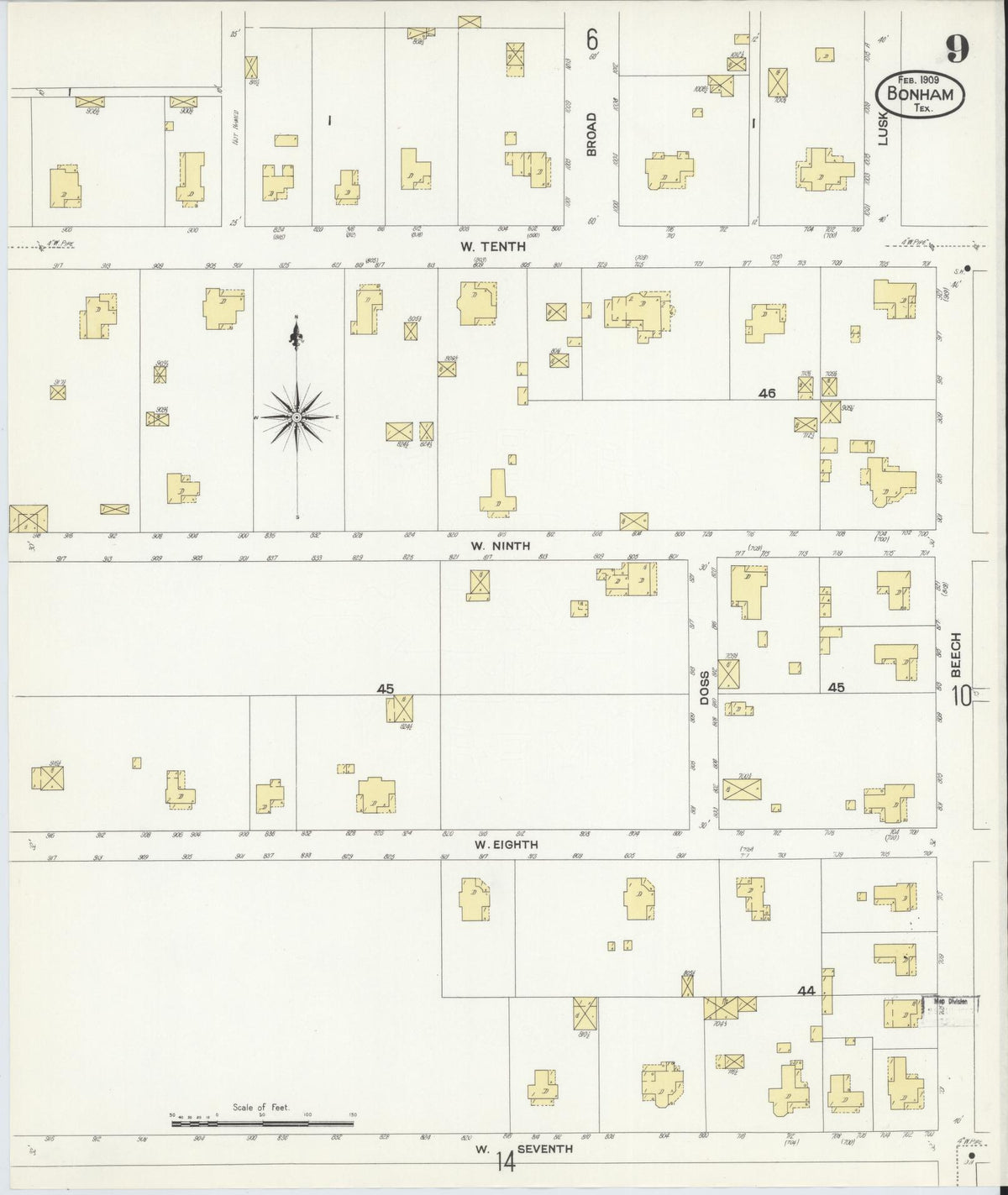 Sanborn Fire Insurance Map from Bonham, Fannin County, Texas (1909), Sheet #0009 - Complete Map Set gallery image, historic Sanborn map, vintage wall art, Texas Texas