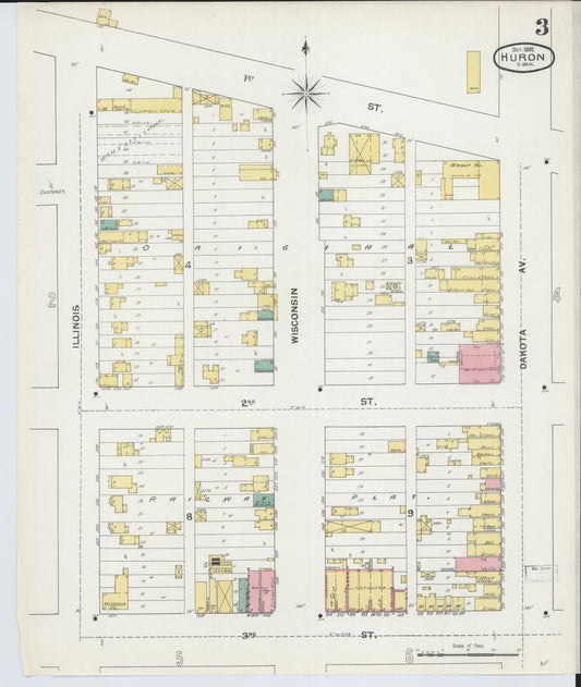 Sanborn Fire Insurance Map from Huron, Beadle County, South Dakota (1892), Sheet #0003 - Historic Sanborn Fire Insurance Map Print, vintage old map wall art, antique decor, genealogy gift, South Dakota South Dakota map