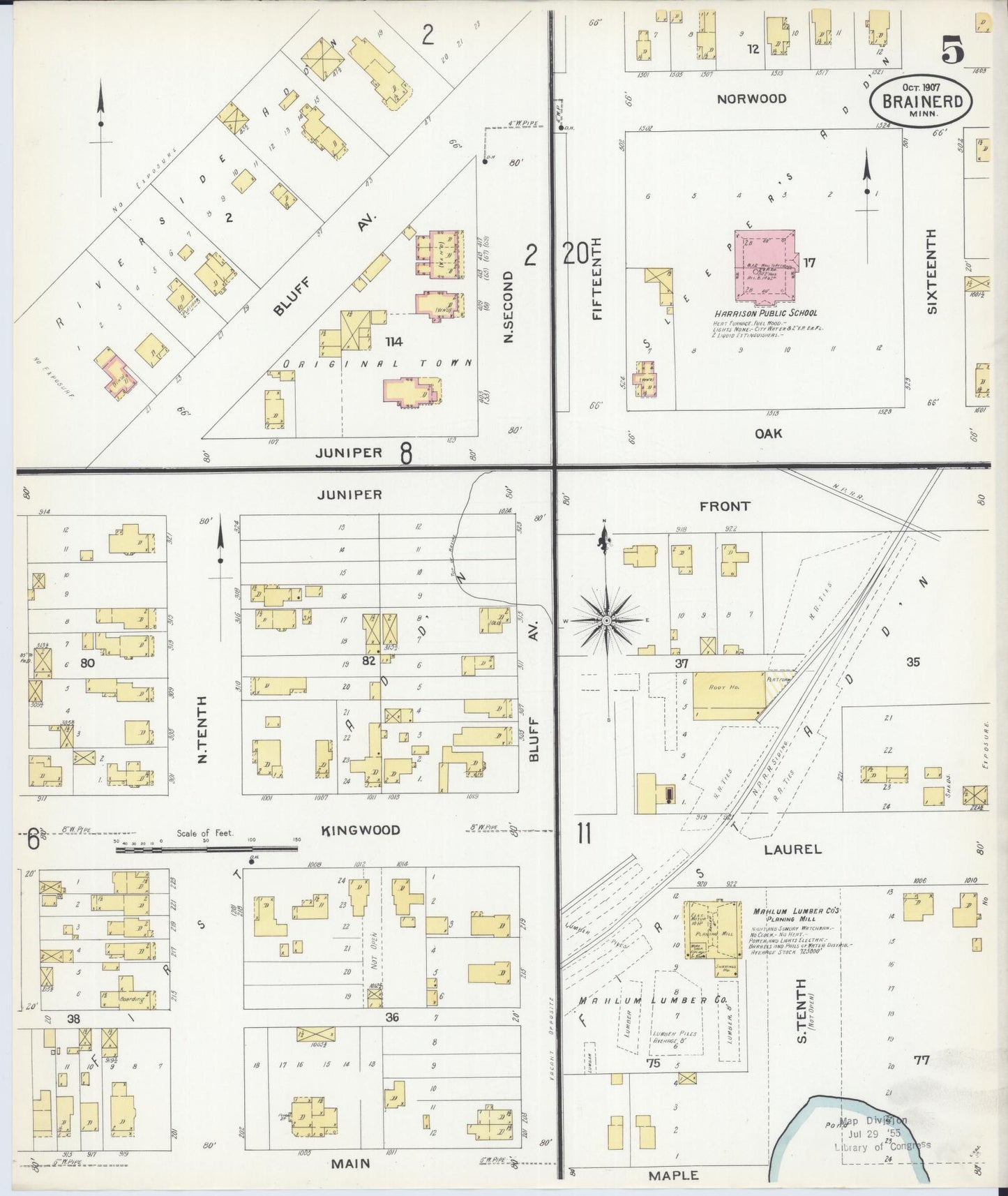 Sanborn Fire Insurance Map from Brainerd, Crow Wing County, Minnesota (1907), Sheet #0005 - Historic Sanborn Fire Insurance Map Print, vintage old map wall art, antique decor, genealogy gift, Minnesota Minnesota map