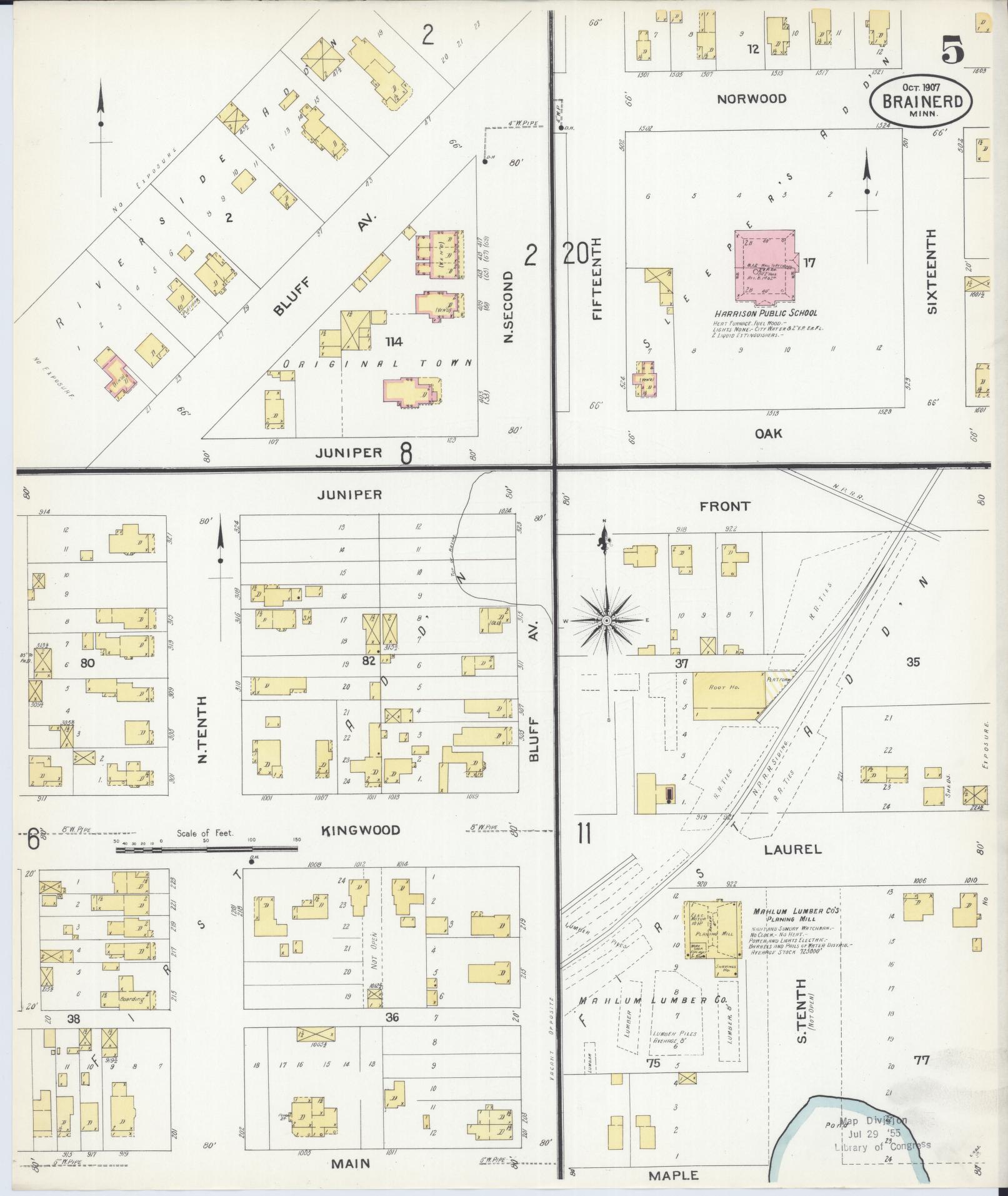 Sanborn Fire Insurance Map from Brainerd, Crow Wing County, Minnesota (1907), Sheet #0005 - Historic Sanborn Fire Insurance Map Print, vintage old map wall art, antique decor, genealogy gift, Minnesota Minnesota map