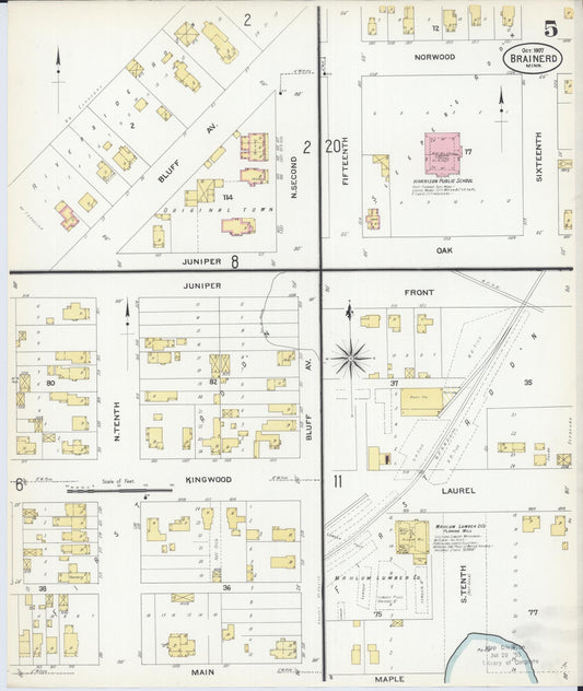 Sanborn Fire Insurance Map from Brainerd, Crow Wing County, Minnesota (1907), Sheet #0005 - Historic Sanborn Fire Insurance Map Print, vintage old map wall art, antique decor, genealogy gift, Minnesota Minnesota map