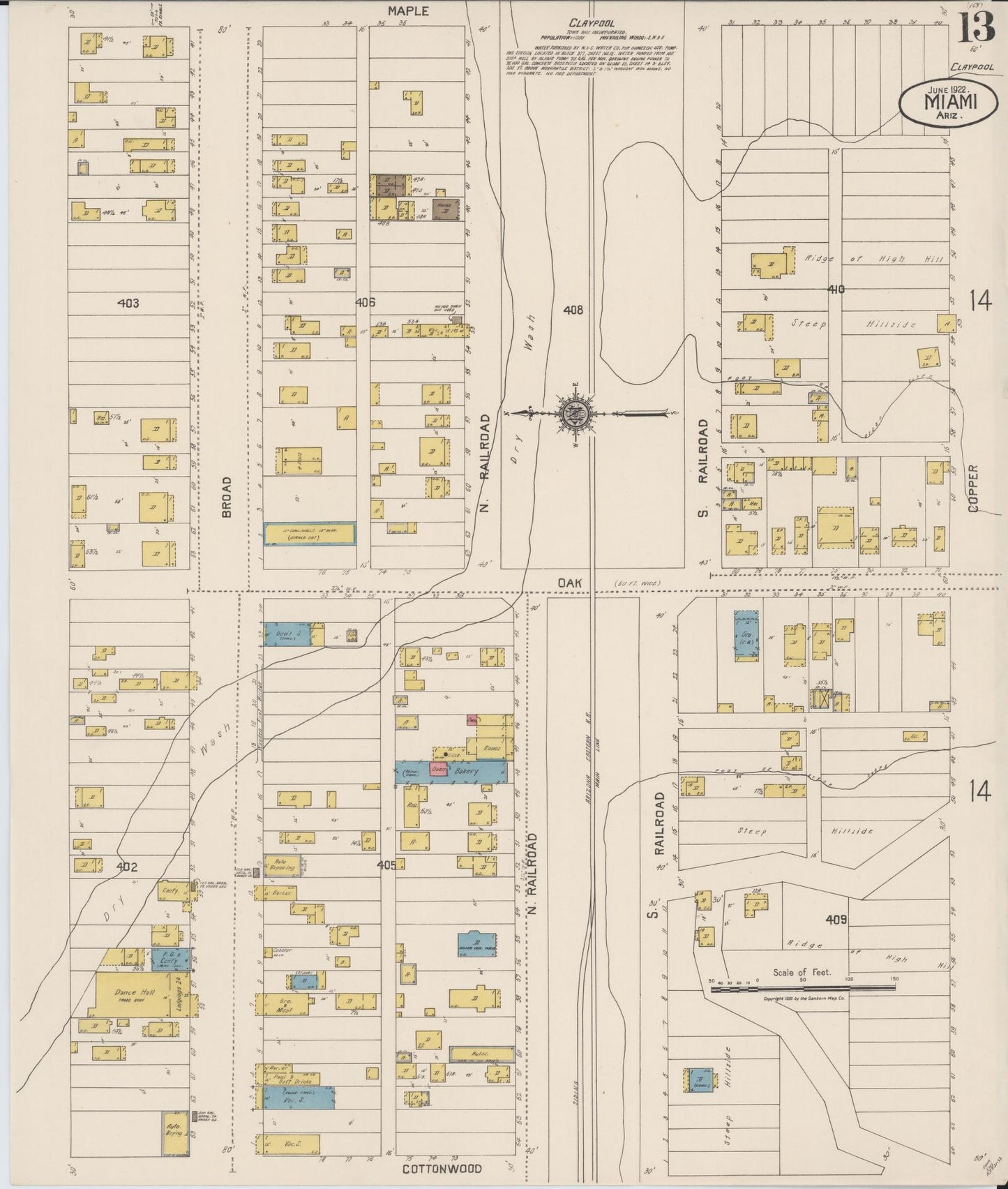 Sanborn Fire Insurance Map from Miami, Gila County, Arizona (1922), Sheet #0013 - Historic Sanborn Fire Insurance Map Print, vintage old map wall art, antique decor, genealogy gift, Arizona Arizona map