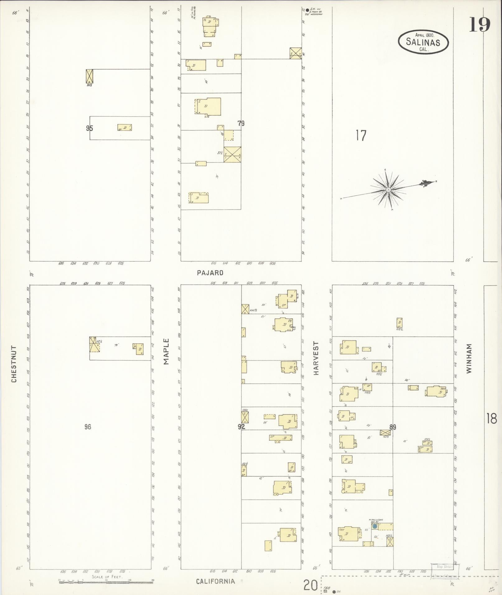 Sanborn Fire Insurance Map from Salinas, Monterey County, California (1900), Sheet #0019 - Complete Map Set gallery image, historic Sanborn map, vintage wall art, California California