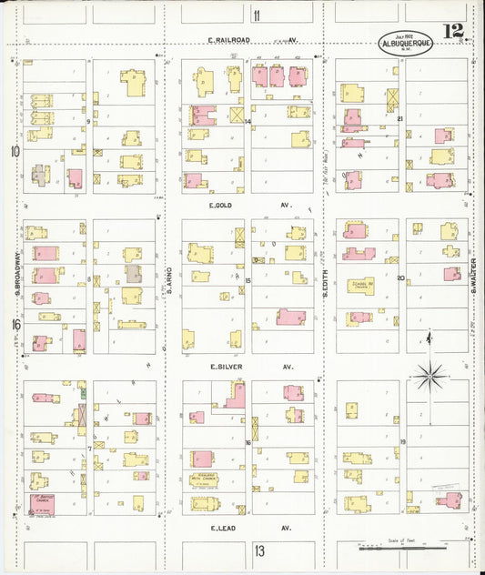 Sanborn Fire Insurance Map from Albuquerque, Bernalillo County, New Mexico (1902), Sheet #0012 - Historic Sanborn Fire Insurance Map Print, vintage old map wall art, antique decor, genealogy gift, New Mexico New Mexico map