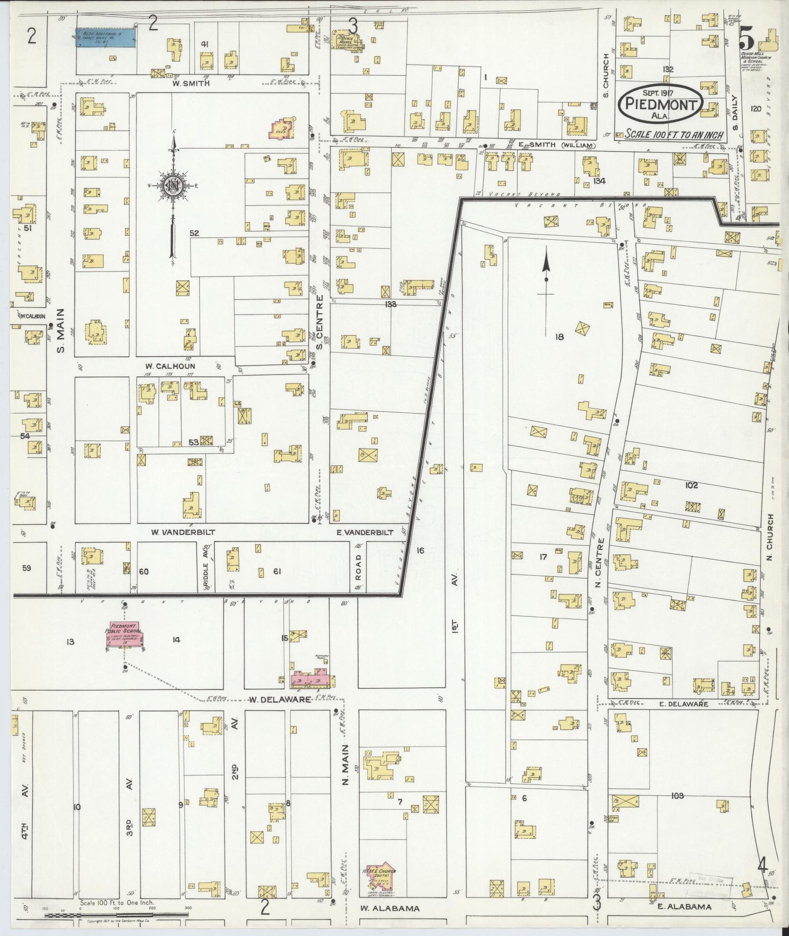 Sanborn Fire Insurance Map from Piedmont, Calhoun County, Alabama (1917), Sheet #0005 - Complete Map Set gallery image, historic Sanborn map, vintage wall art, Alabama Alabama