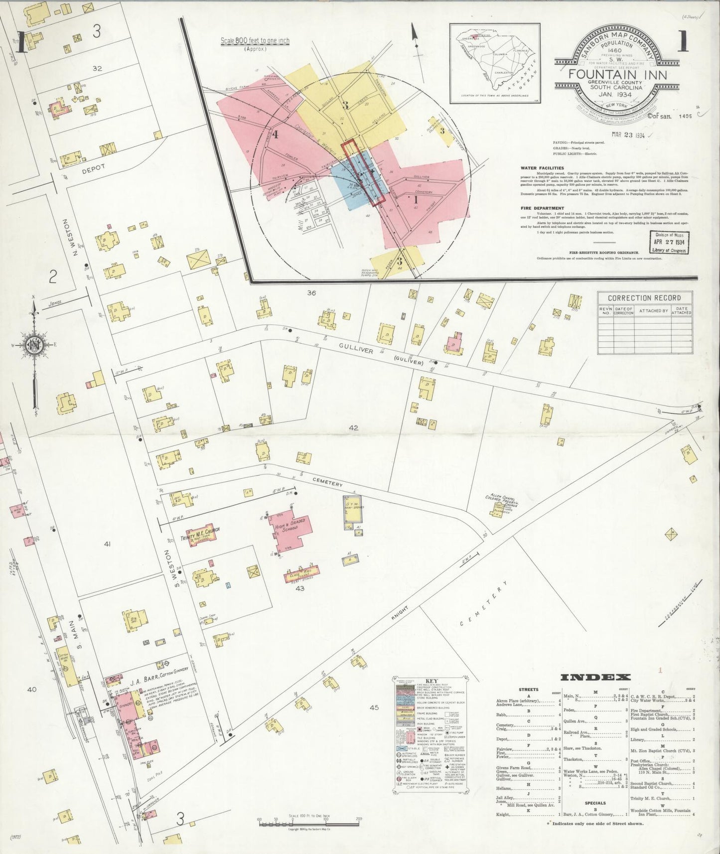Sanborn Fire Insurance Map from Fountain Inn, Greenville And Laurens County, South Carolina (1934), Sheet #0001 - Complete Map Set gallery image, historic Sanborn map, vintage wall art, South Carolina South Carolina