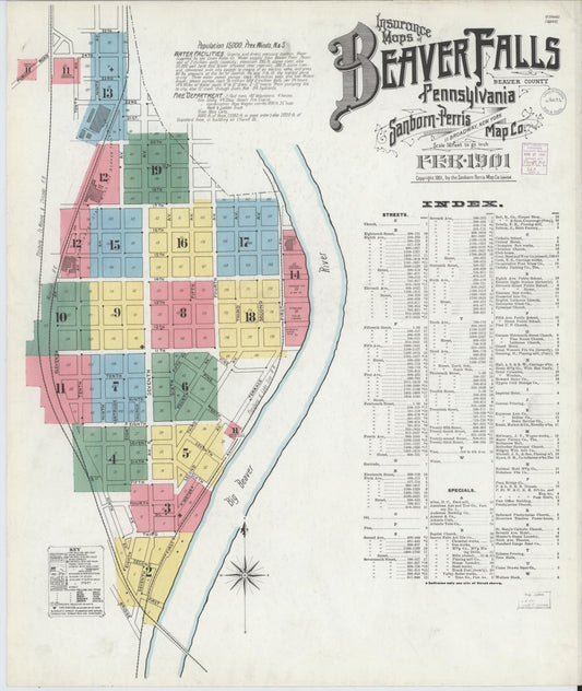 Sanborn Fire Insurance Map from Beaver Falls, Beaver County, Pennsylvania (1901), Sheet #0001 - Complete Map Set gallery image, historic Sanborn map, vintage wall art, Pennsylvania Pennsylvania