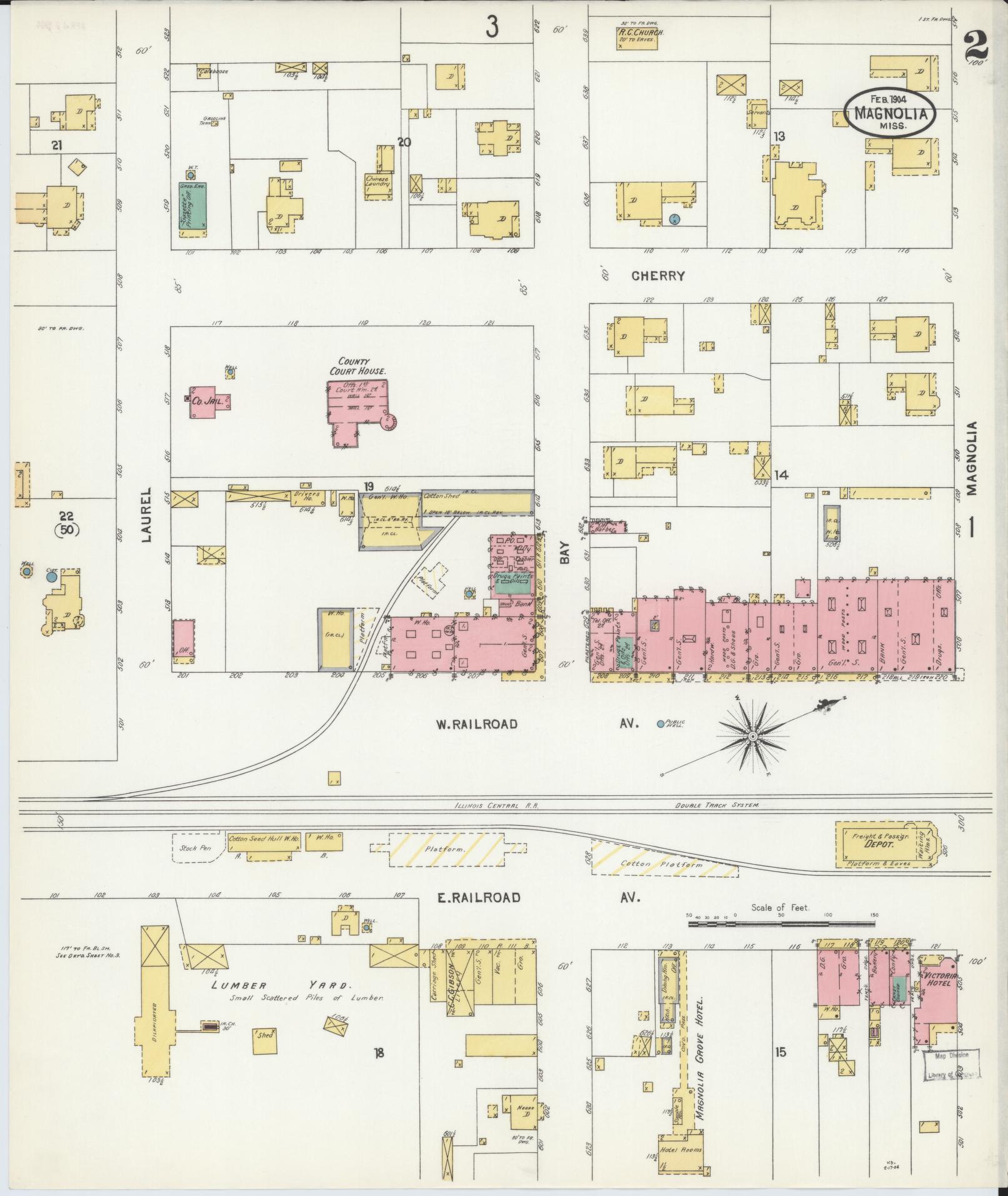 Sanborn Fire Insurance Map from Magnolia, Pike County, Mississippi (1904), Sheet #0002 - Complete Map Set gallery image, historic Sanborn map, vintage wall art, Mississippi Mississippi