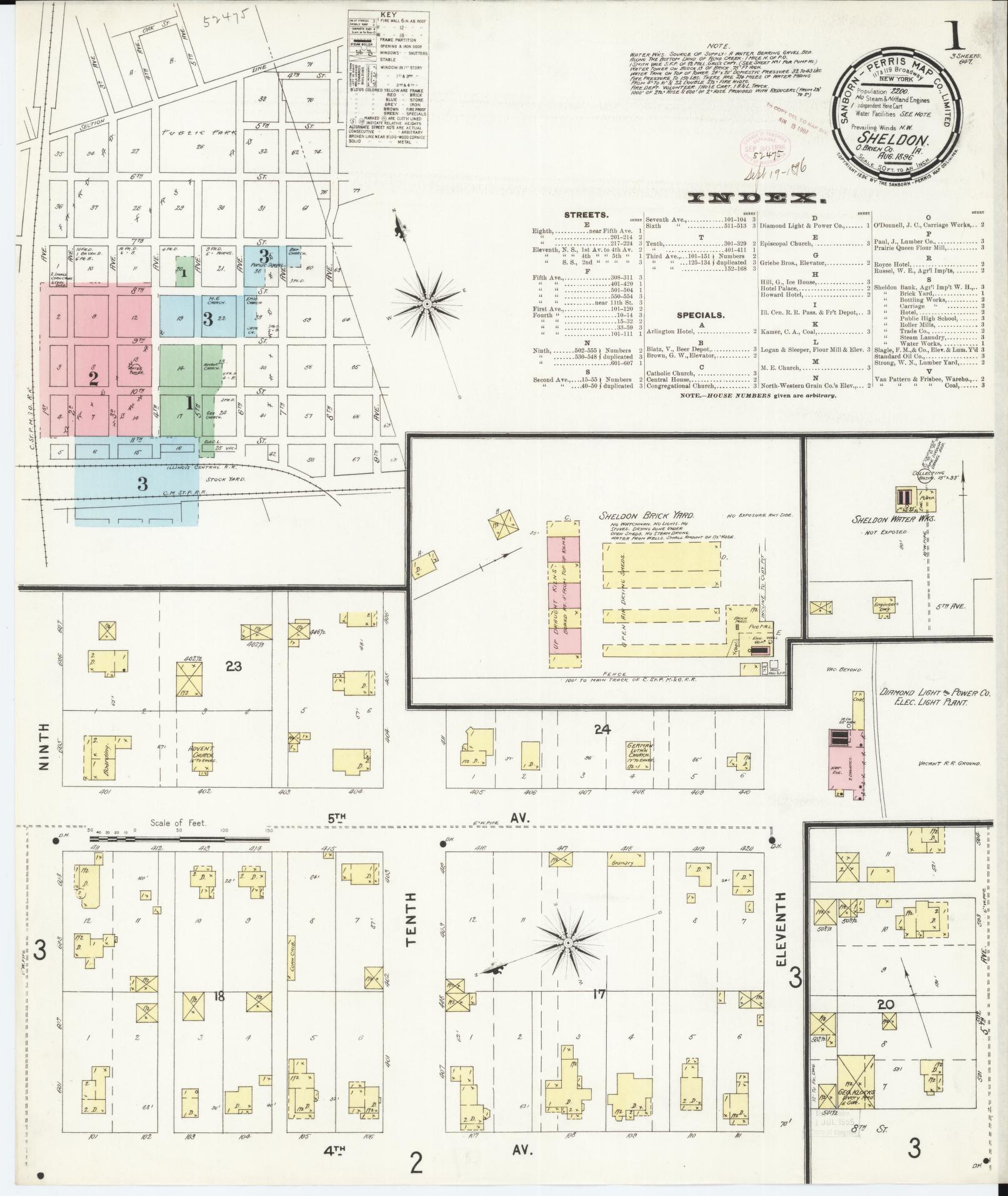 Sanborn Fire Insurance Map from Sheldon, O'Brien County, Iowa (1896), Sheet #0001 - Historic Sanborn Fire Insurance Map Print, vintage old map wall art