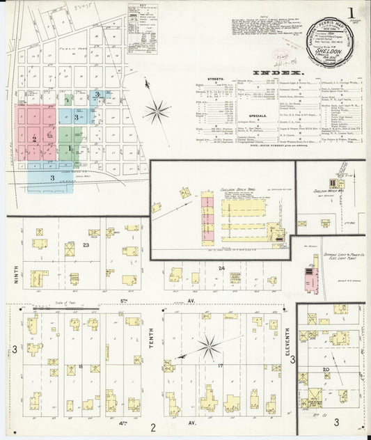 Sanborn Fire Insurance Map from Sheldon, O'Brien County, Iowa (1896), Sheet #0001 - Historic Sanborn Fire Insurance Map Print, vintage old map wall art