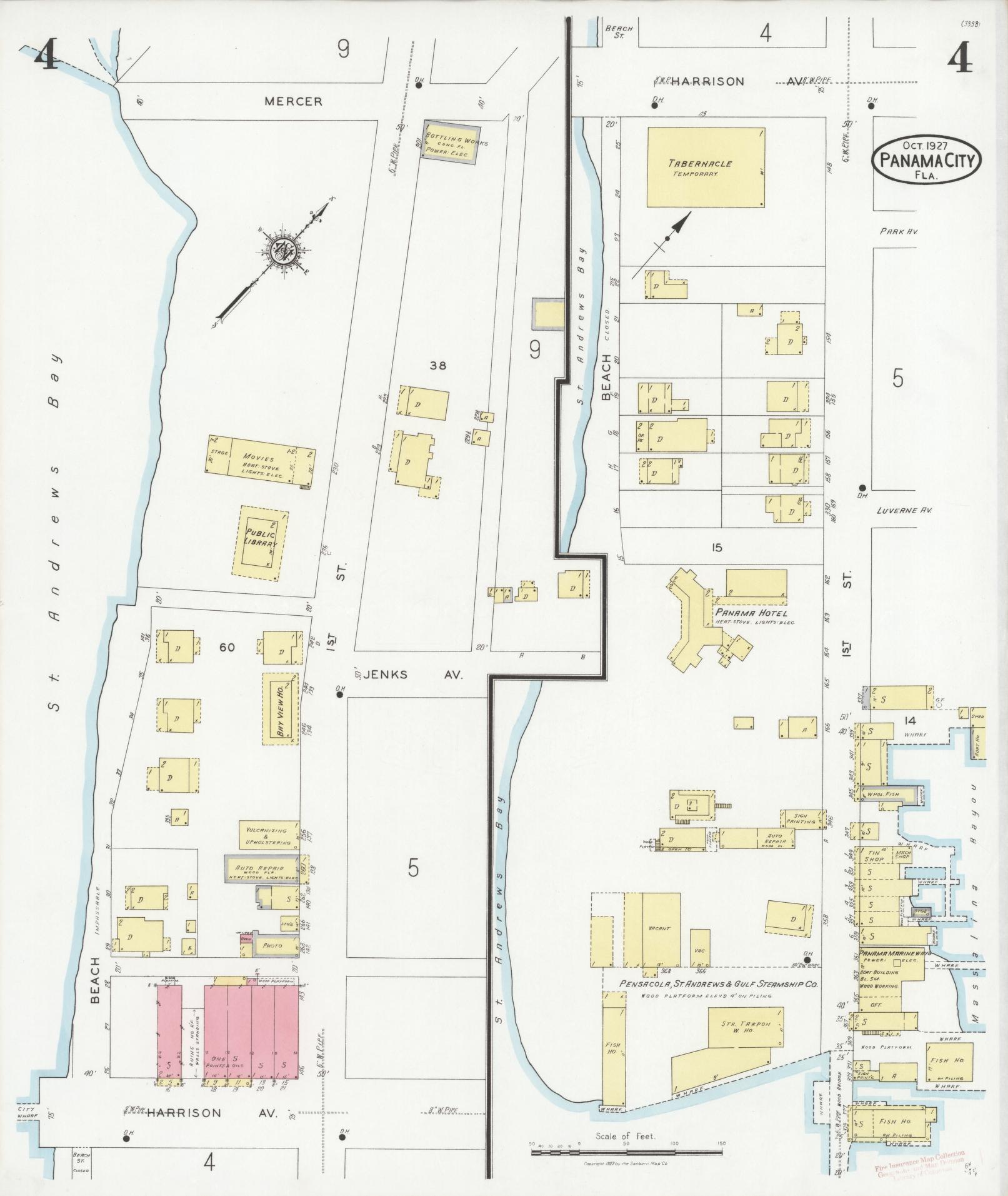 Sanborn Fire Insurance Map from Panama City, Bay County, Florida (1927), Sheet #0004 - Complete Map Set gallery image, historic Sanborn map, vintage wall art, Florida Florida