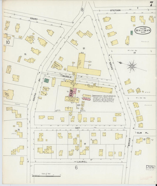 Sanborn Fire Insurance Map from Whitman, Plymouth County, Massachusetts (1896), Sheet #0007 - Historic Sanborn Fire Insurance Map Print, vintage old map wall art, antique decor, genealogy gift, Massachusetts Massachusetts map