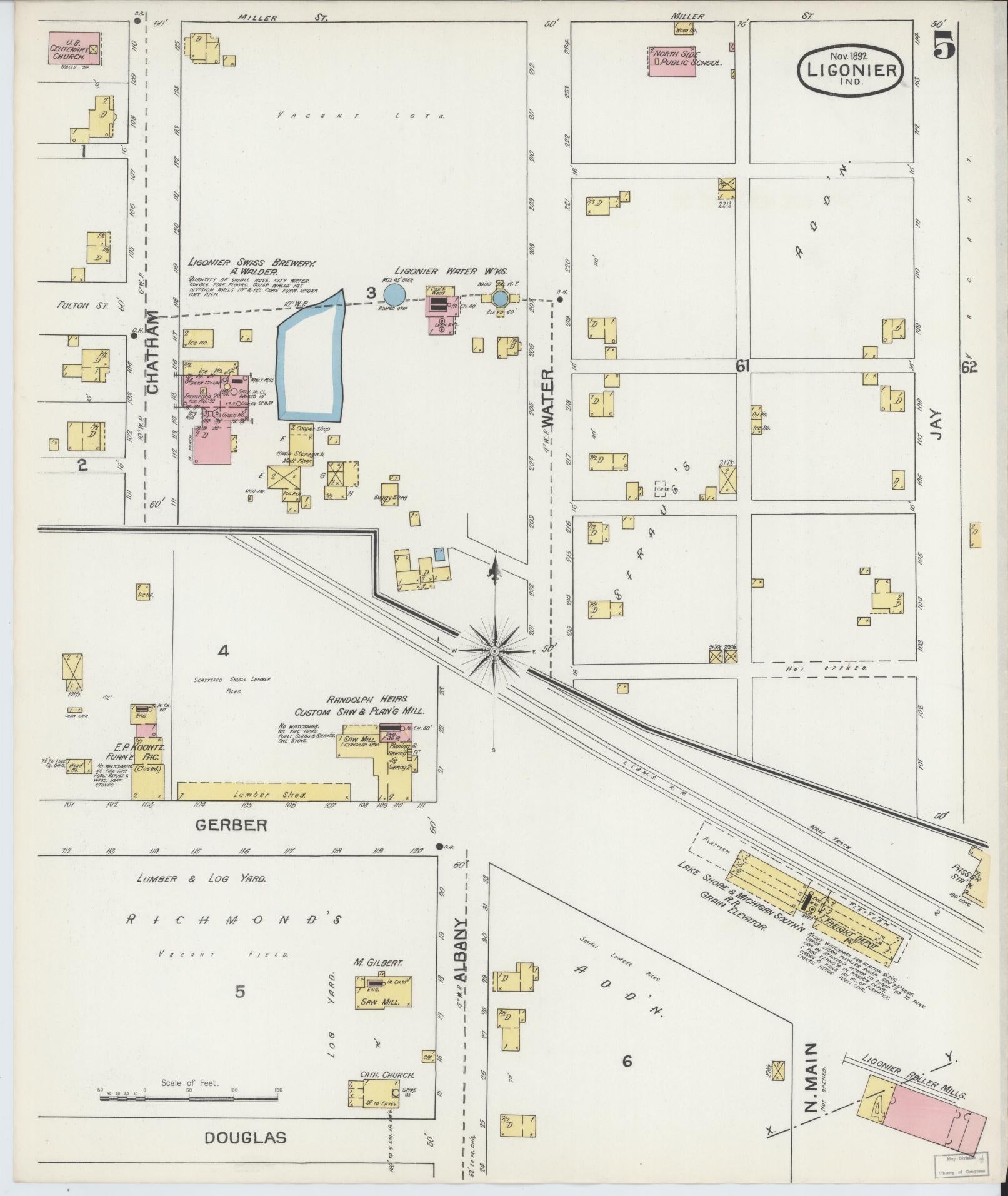 Sanborn Fire Insurance Map from Ligonier, Noble County, Indiana (1892), Sheet #0005 - Complete Map Set gallery image, historic Sanborn map, vintage wall art, Indiana Indiana