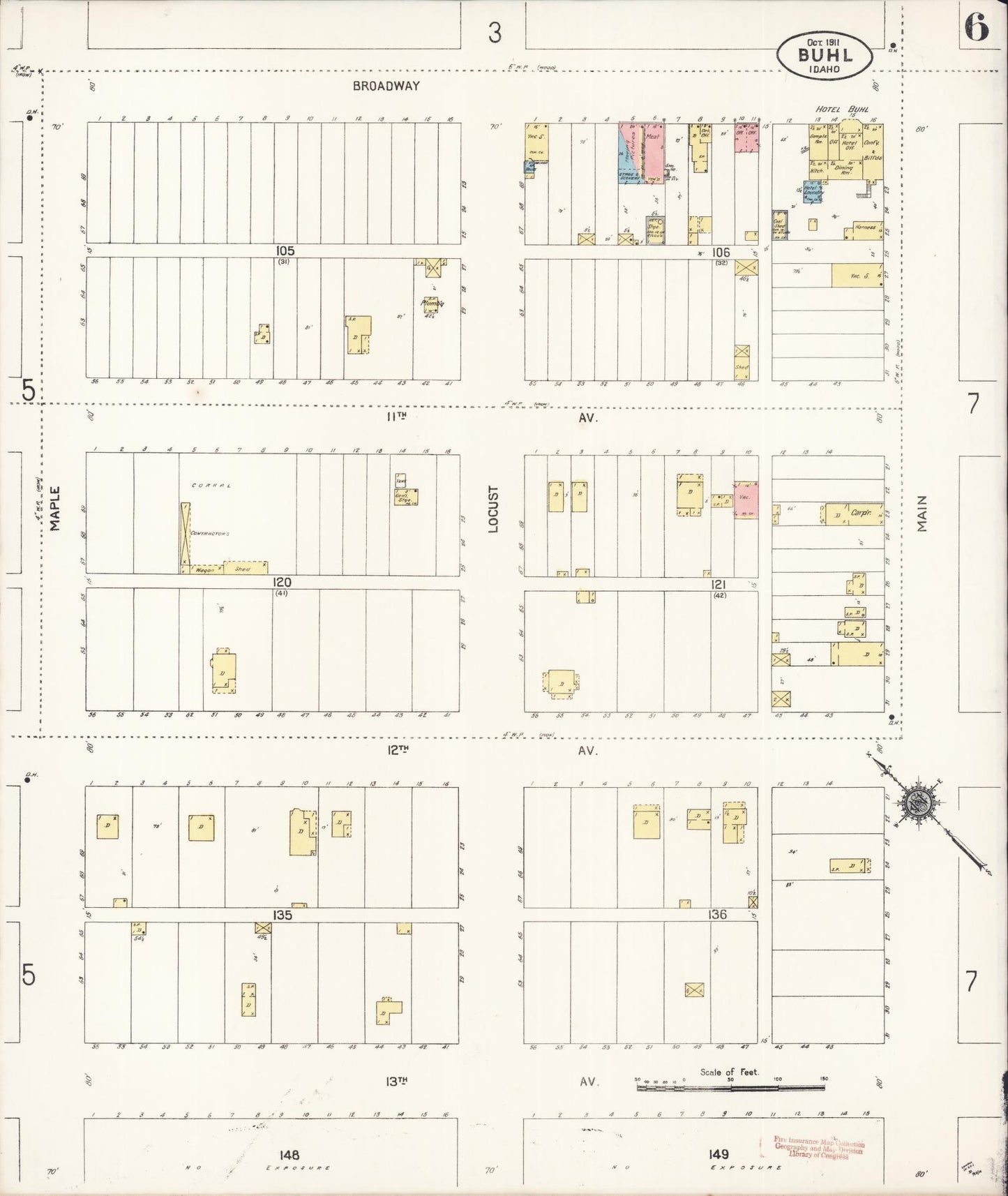 Sanborn Fire Insurance Map from Buhl, Twin Falls County, Idaho (1911), Sheet #0006 - Historic Sanborn Fire Insurance Map Print, vintage old map wall art, antique decor, genealogy gift, Falls Idaho map