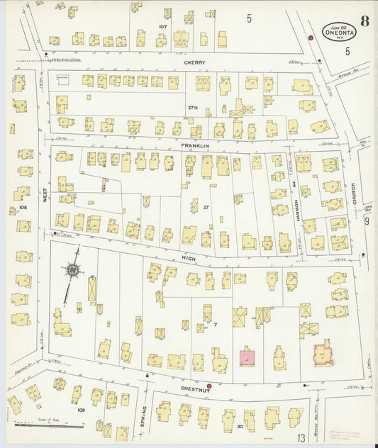 Sanborn Fire Insurance Map from Oneonta, Otsego County, New York (1910), Sheet #0008 - Historic Sanborn Fire Insurance Map Print, vintage old map wall art, antique decor, genealogy gift, New York New York map