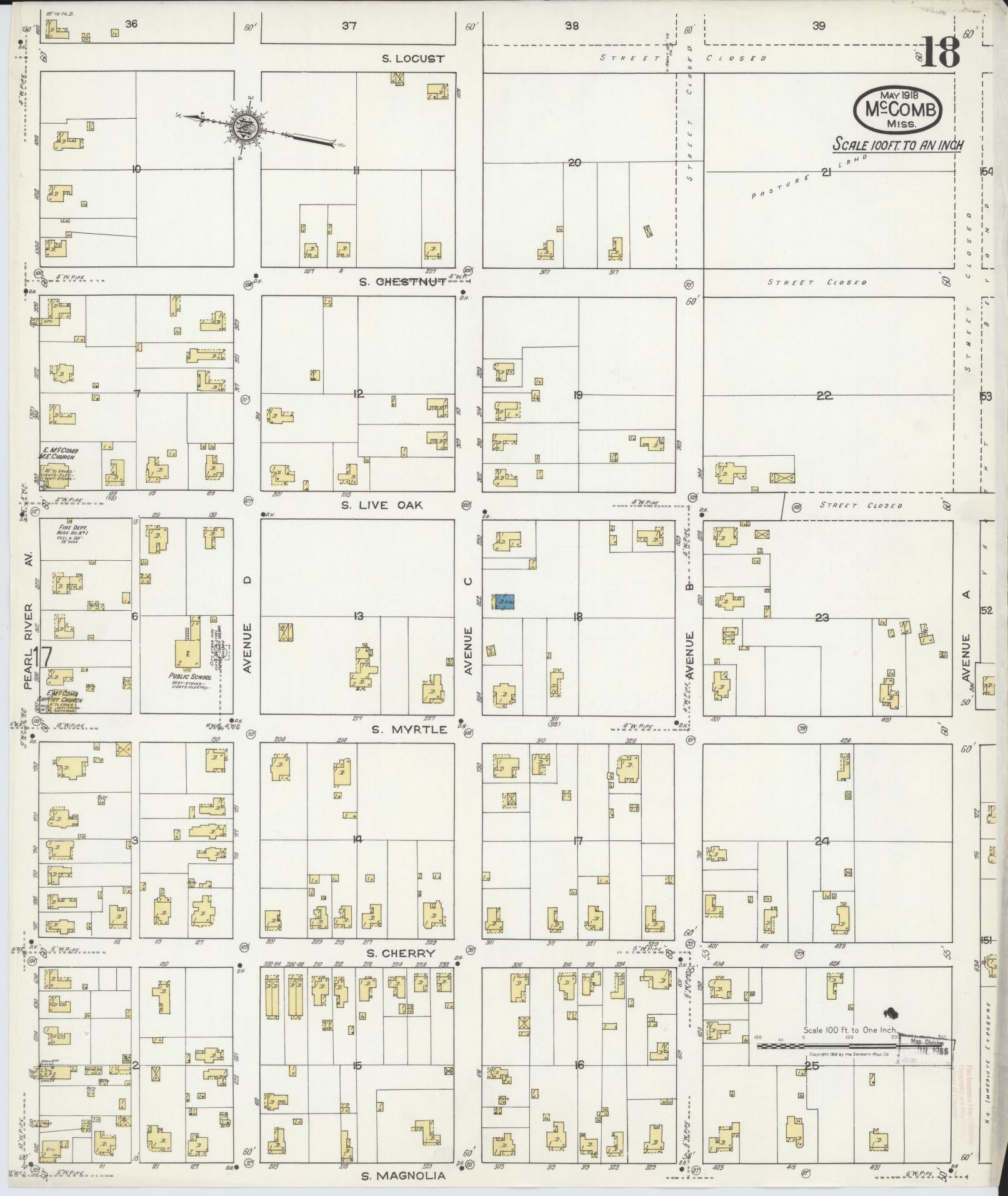 Sanborn Fire Insurance Map from McComb, Pike County, Mississippi (1918), Sheet #0018 - Complete Map Set gallery image, historic Sanborn map, vintage wall art, Mississippi Mississippi