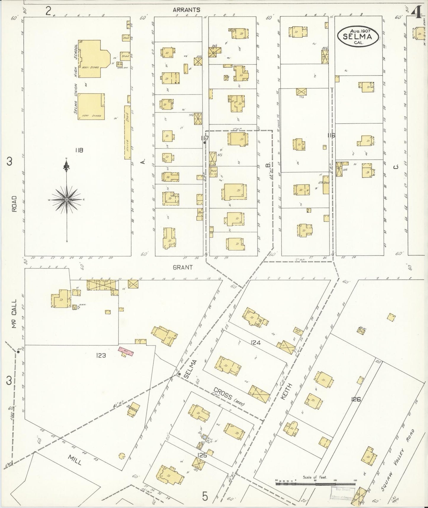 Sanborn Fire Insurance Map from Selma, Fresno County, California (1907), Sheet #0004 - Complete Map Set gallery image, historic Sanborn map, vintage wall art, California California