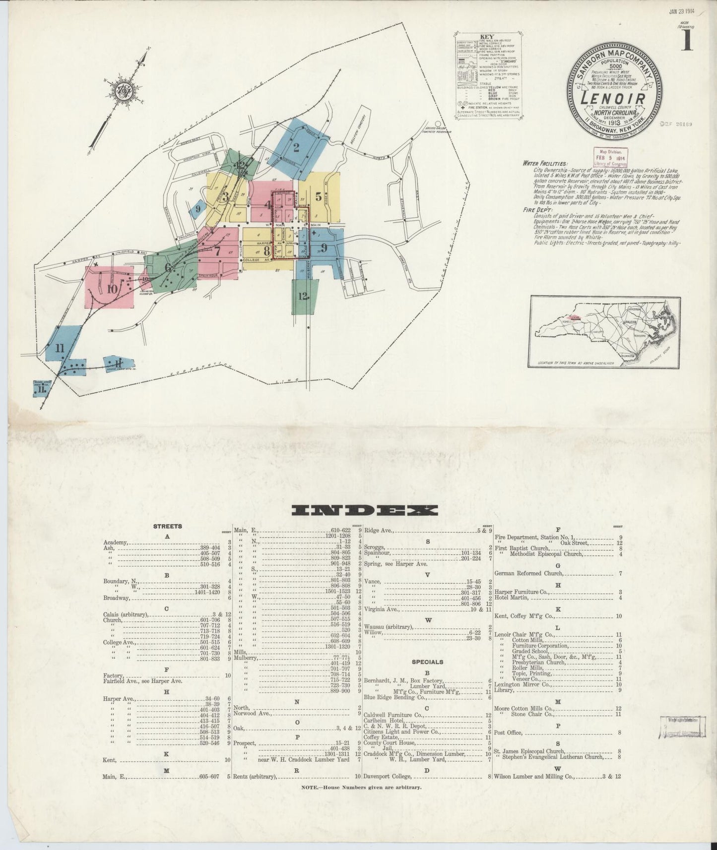 Sanborn Fire Insurance Map from Lenoir, Caldwell County, North Carolina (1913), Sheet #0001 - Complete Map Set gallery image, historic Sanborn map, vintage wall art, North Carolina North Carolina