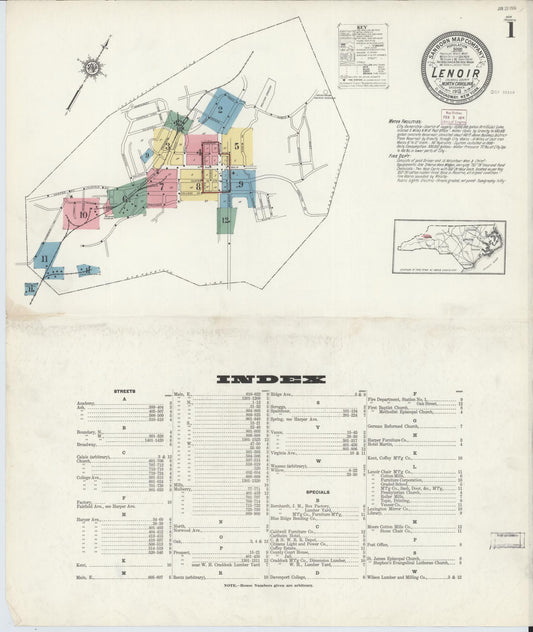 Sanborn Fire Insurance Map from Lenoir, Caldwell County, North Carolina (1913), Sheet #0001 - Complete Map Set gallery image, historic Sanborn map, vintage wall art, North Carolina North Carolina