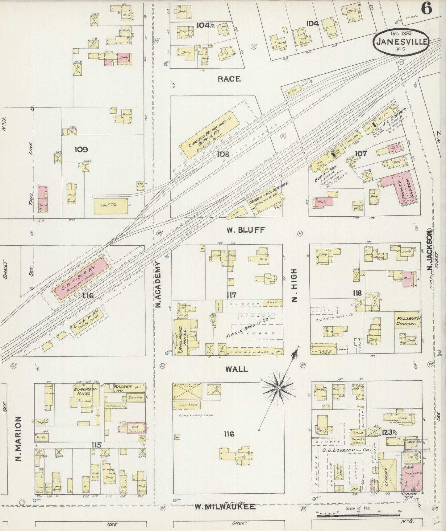 Sanborn Fire Insurance Map from Janesville, Rock County, Wisconsin (1890), Sheet #0006 - Historic Sanborn Fire Insurance Map Print, vintage old map wall art, antique decor, genealogy gift, Wisconsin Wisconsin map
