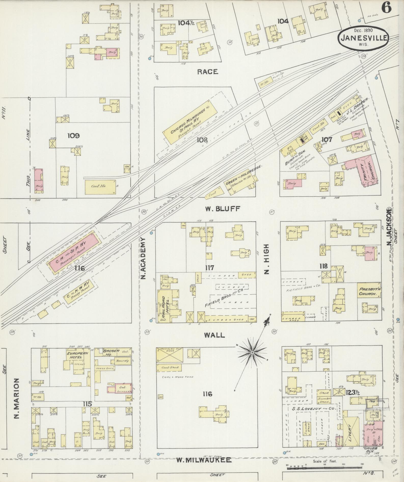 Sanborn Fire Insurance Map from Janesville, Rock County, Wisconsin (1890), Sheet #0006 - Historic Sanborn Fire Insurance Map Print, vintage old map wall art, antique decor, genealogy gift, Wisconsin Wisconsin map