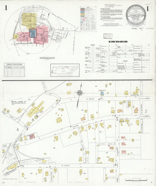 Sanborn Fire Insurance Map from Livingston, Overton County, Tennessee (1933), Sheet #0001 - Complete Map Set gallery image, historic Sanborn map, vintage wall art, Tennessee Tennessee