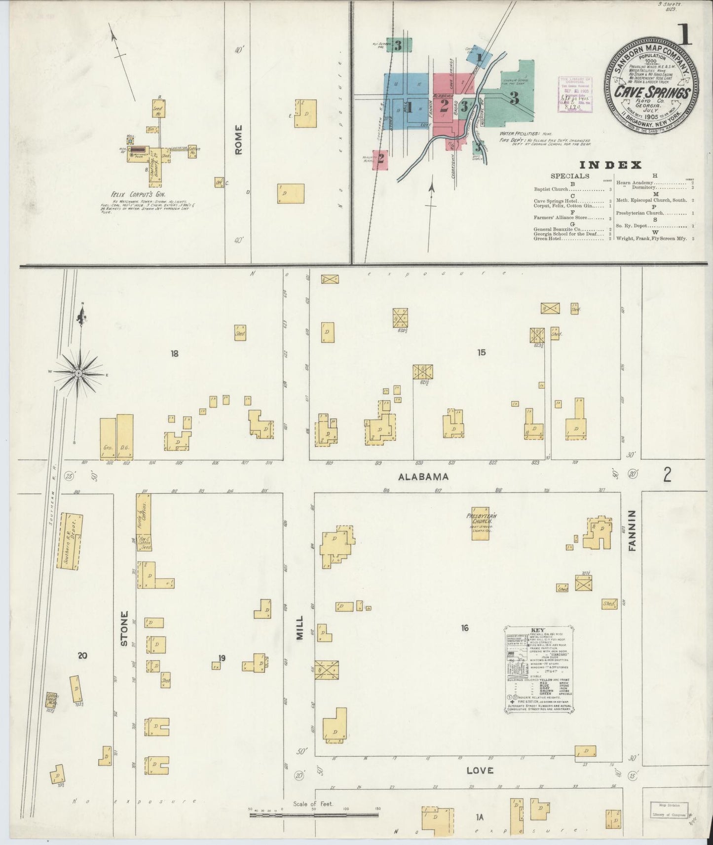 Sanborn Fire Insurance Map from Cave Springs, Floyd County, Georgia (1905), Sheet #0001 - Historic Sanborn Fire Insurance Map Print, vintage old map wall art, antique decor, genealogy gift, Georgia Georgia map