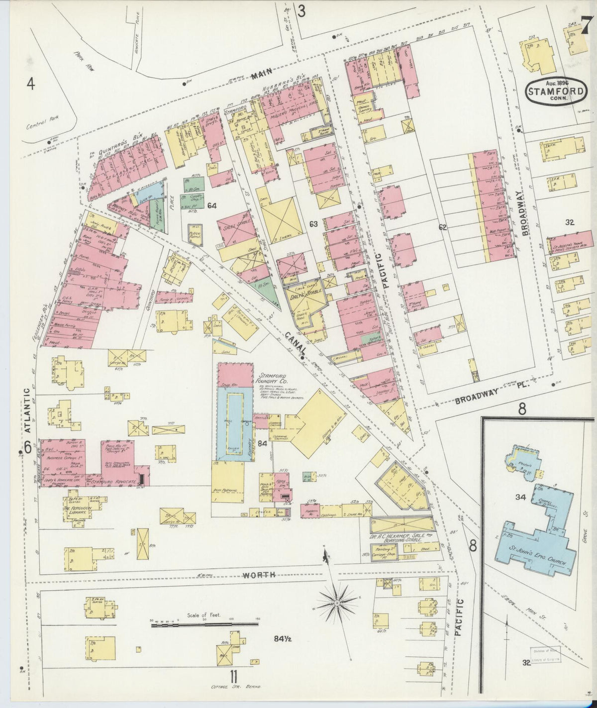 Sanborn Fire Insurance Map from Stamford, Fairfield County, Connecticut (1896), Sheet #0007 - Complete Map Set gallery image, historic Sanborn map, vintage wall art, Connecticut Connecticut