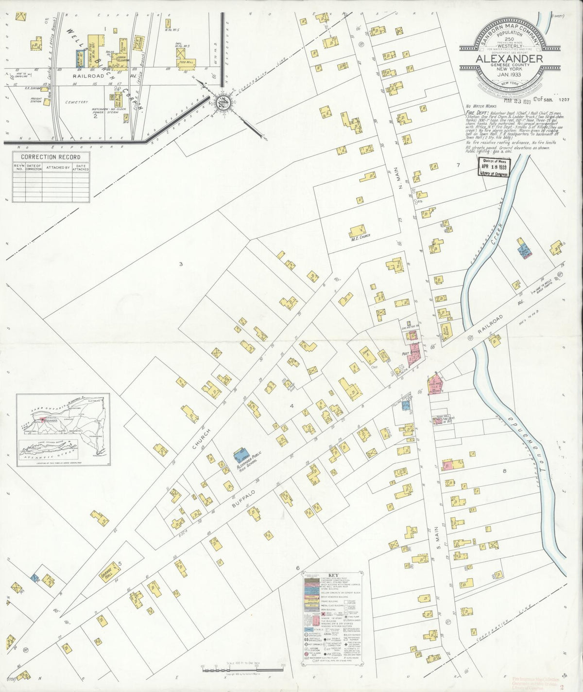 Sanborn Fire Insurance Map from Alexander, Genesee County, New York (1933), Sheet #0001 - Historic Sanborn Fire Insurance Map Print, vintage old map wall art, antique decor, genealogy gift, New York New York map