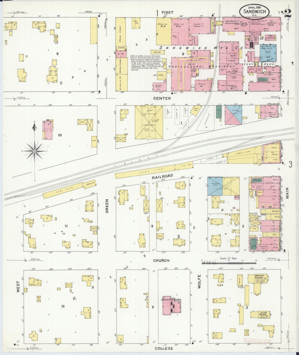 Sanborn Fire Insurance Map from Sandwich, De Kalb County, Illinois (1909), Sheet #0002 - Complete Map Set gallery image, historic Sanborn map, vintage wall art, Illinois Illinois