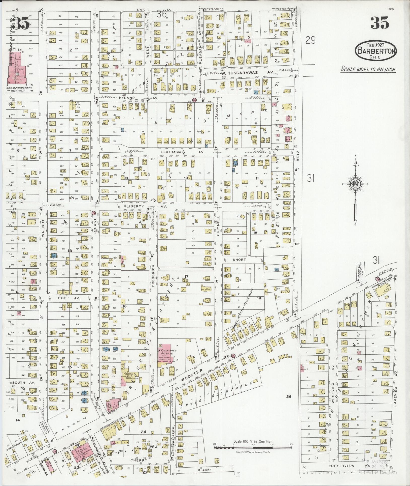 Sanborn Fire Insurance Map from Barberton, Summit County, Ohio (1927), Sheet #0035 - Historic Sanborn Fire Insurance Map Print, vintage old map wall art, antique decor, genealogy gift, Ohio Ohio map