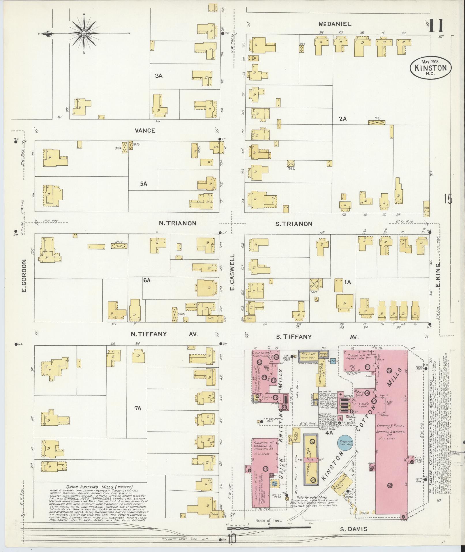 Sanborn Fire Insurance Map from Kinston, Lenoir County, North Carolina (1908), Sheet #0011 - Historic Sanborn Fire Insurance Map Print, vintage old map wall art, antique decor, genealogy gift, North Carolina North Carolina map