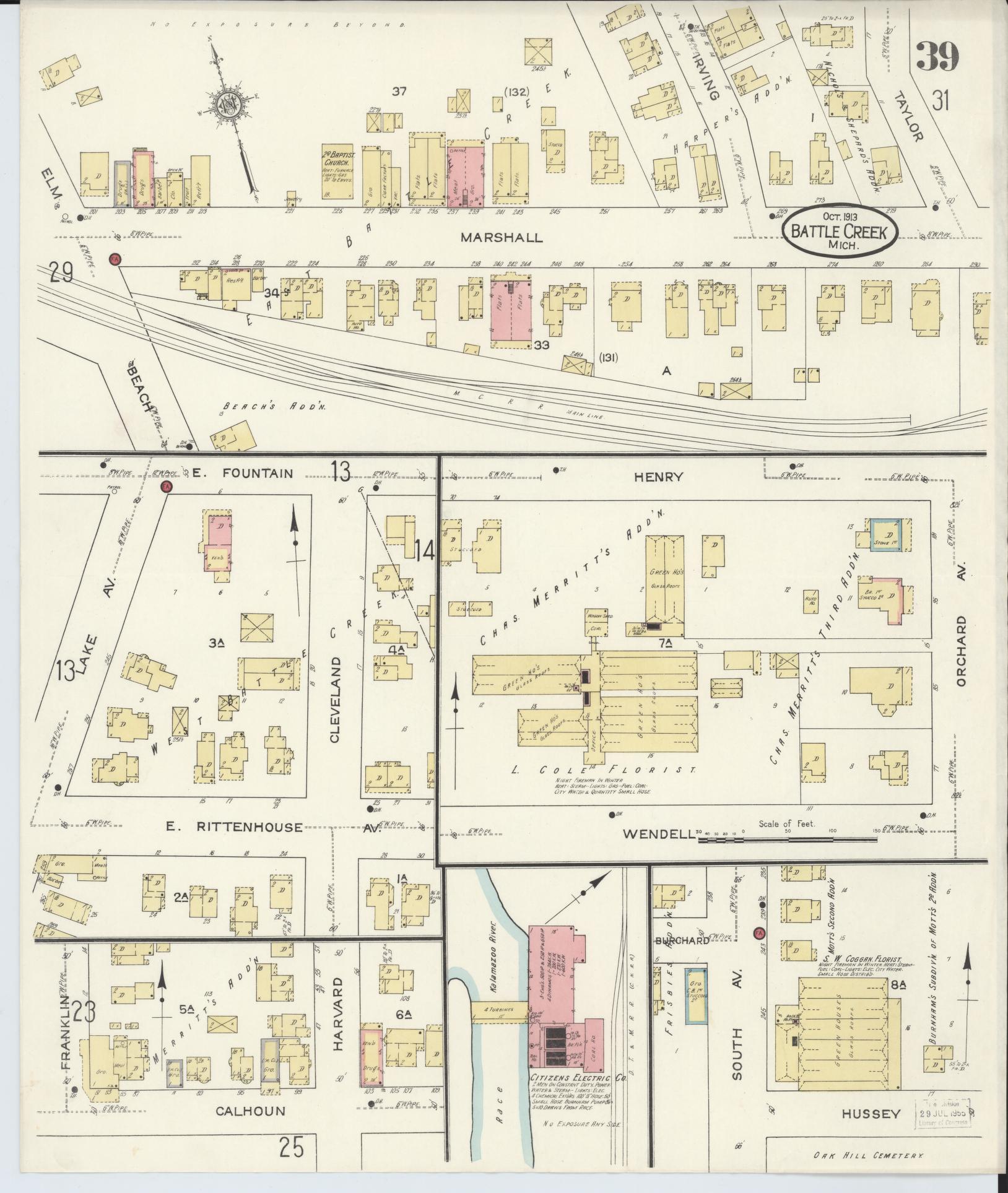 Sanborn Fire Insurance Map from Battle Creek, Calhoun County, Michigan (1913), Sheet #0039 - Complete Map Set gallery image, historic Sanborn map, vintage wall art, Michigan Michigan