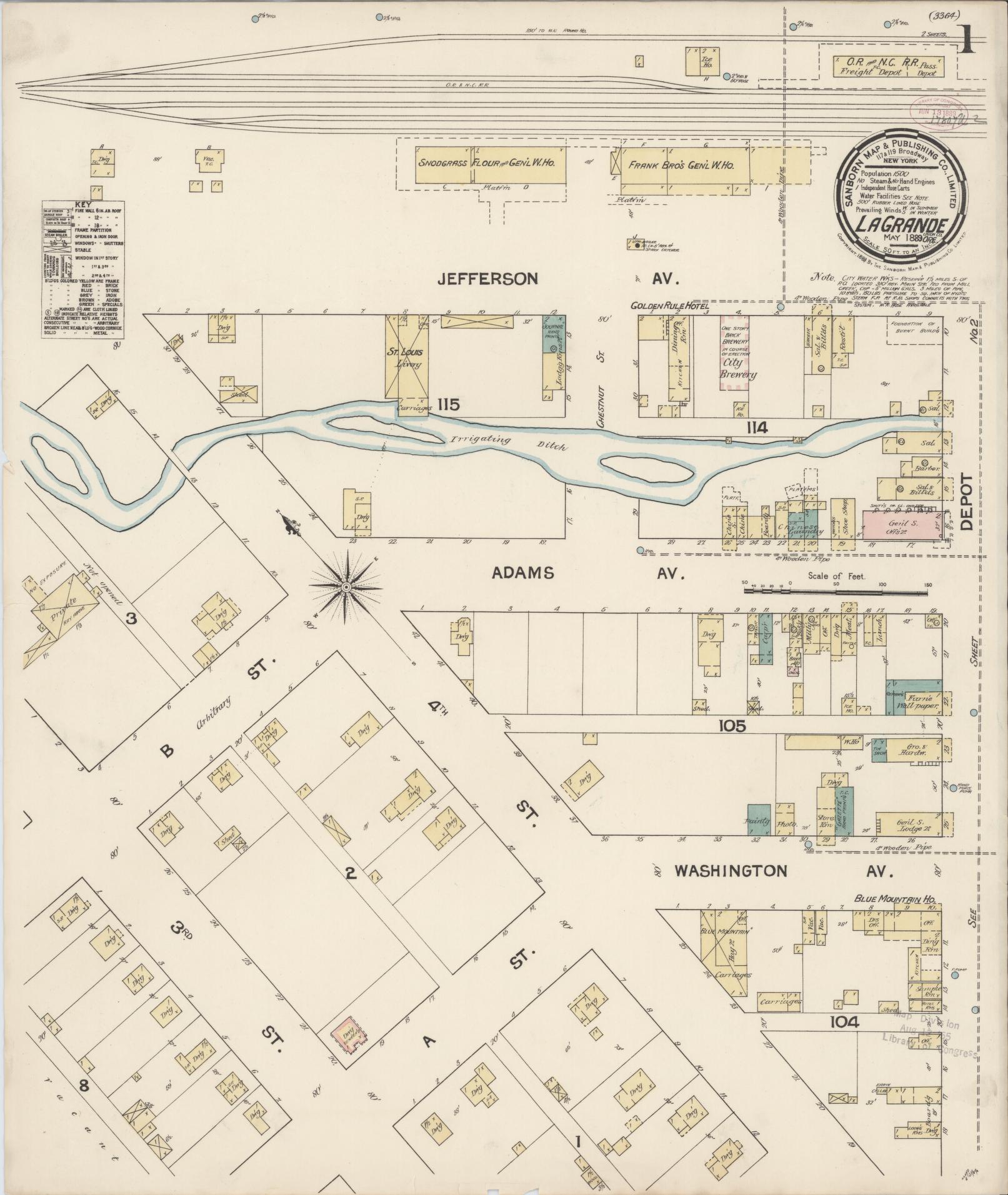 Sanborn Fire Insurance Map from La Grande, Union County, Oregon (1889), Sheet #0001 - Complete Map Set gallery image, historic Sanborn map, vintage wall art, Oregon Oregon