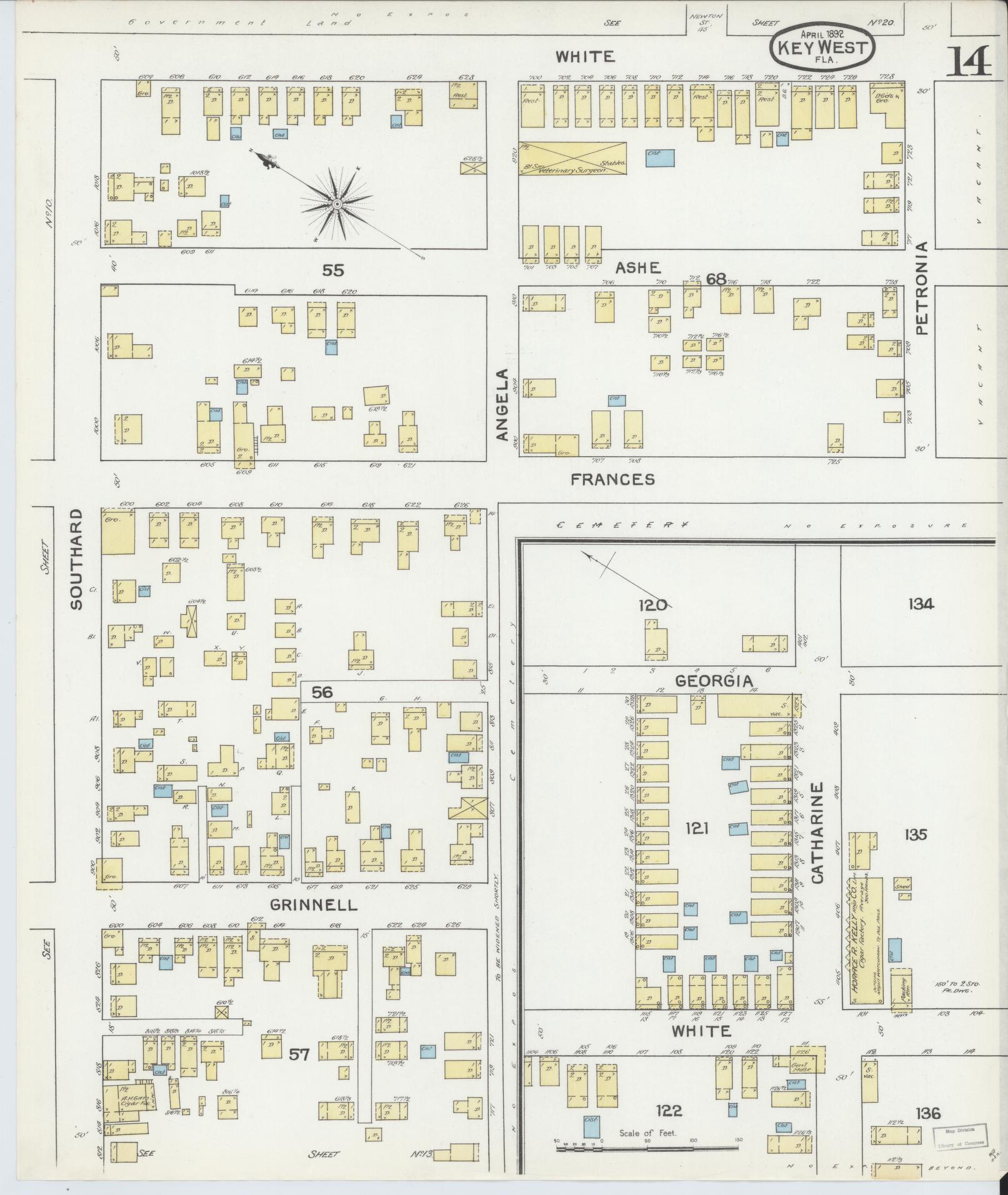 Sanborn Fire Insurance Map from Key West, Monroe County, Florida (1892), Sheet #0014 - Complete Map Set gallery image, historic Sanborn map, vintage wall art, Florida Florida