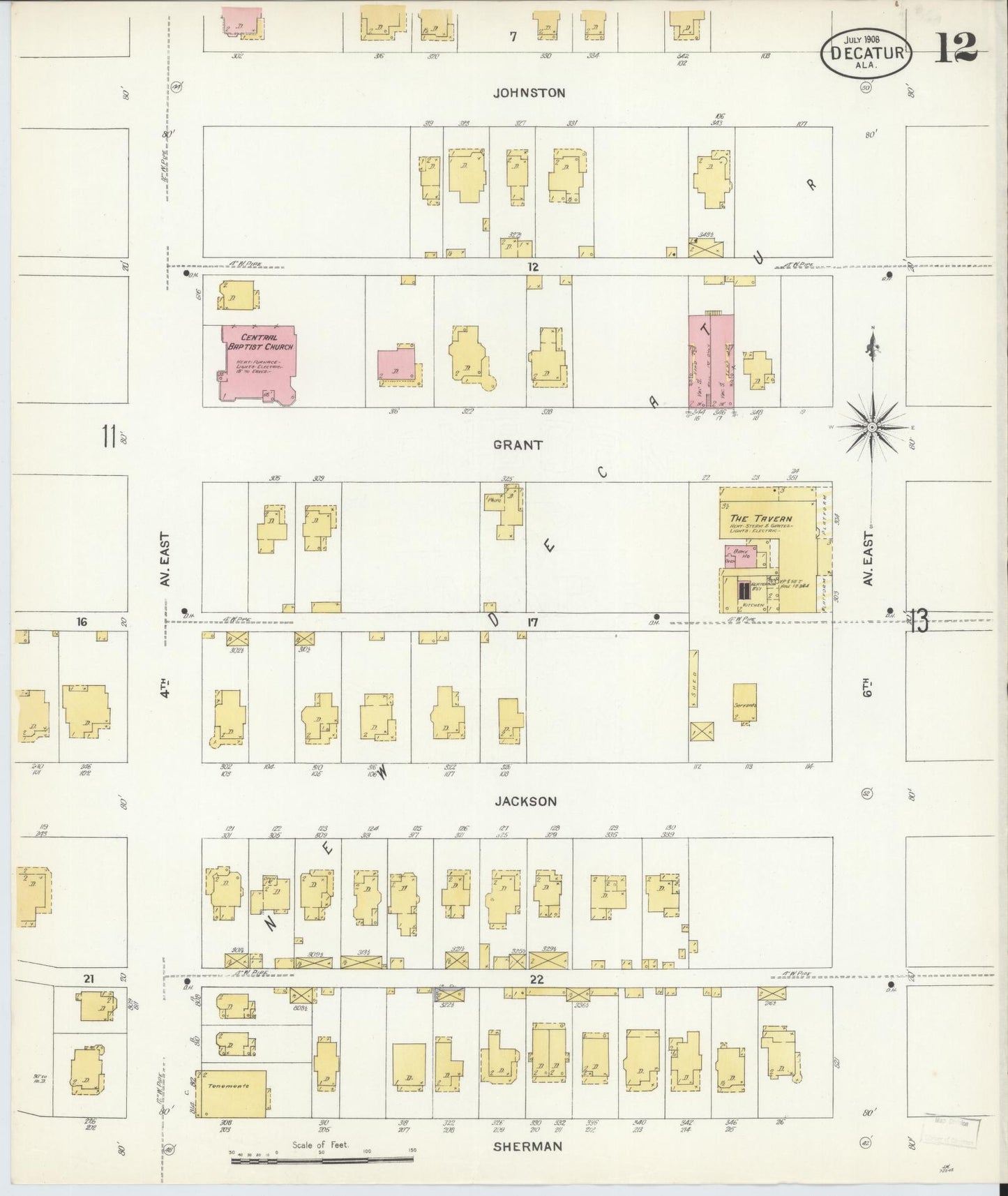 Sanborn Fire Insurance Map from Decatur, Morgan County, Alabama (1908), Sheet #0012 - Historic Sanborn Fire Insurance Map Print, vintage old map wall art, antique decor, genealogy gift, Alabama Alabama map