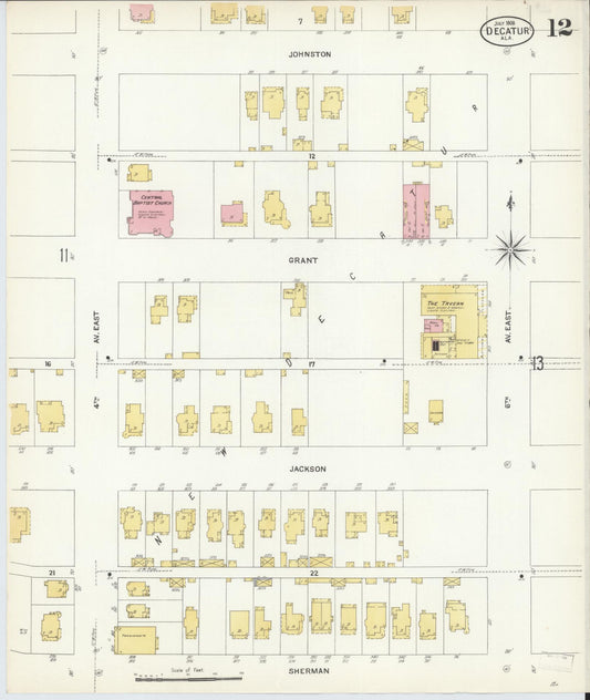 Sanborn Fire Insurance Map from Decatur, Morgan County, Alabama (1908), Sheet #0012 - Historic Sanborn Fire Insurance Map Print, vintage old map wall art, antique decor, genealogy gift, Alabama Alabama map