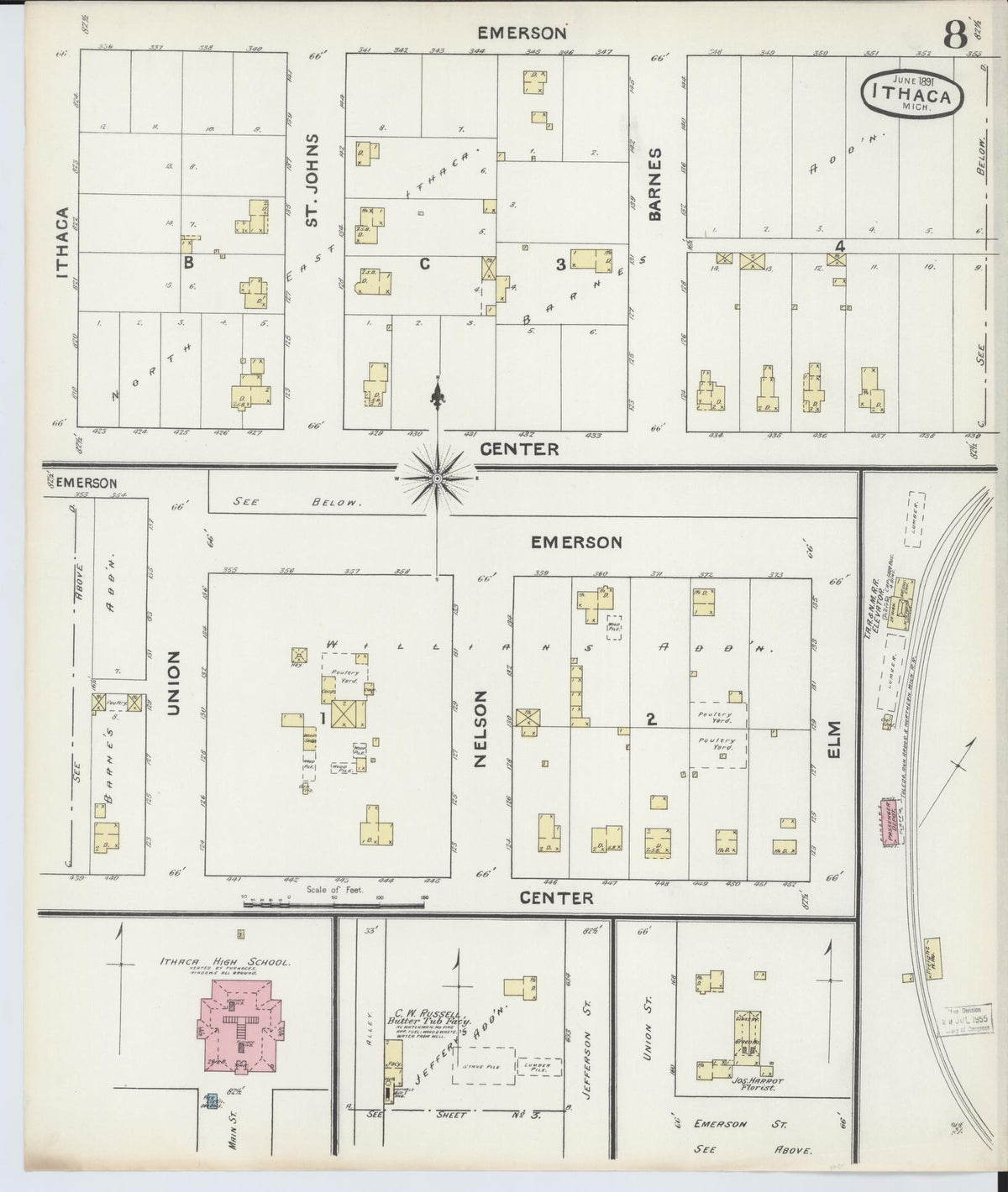 Sanborn Fire Insurance Map from Ithaca, Gratiot County, Michigan (1891), Sheet #0008 - Historic Sanborn Fire Insurance Map Print, vintage old map wall art, antique decor, genealogy gift, Michigan Michigan map