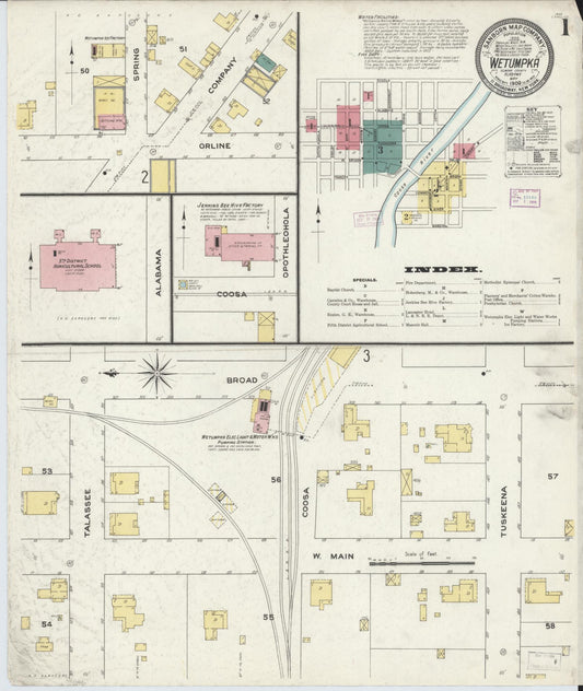Sanborn Fire Insurance Map from Wetumpka, Elmore County, Alabama (1909), Sheet #0001 - Historic Sanborn Fire Insurance Map Print, vintage old map wall art, antique decor, genealogy gift, Alabama Alabama map