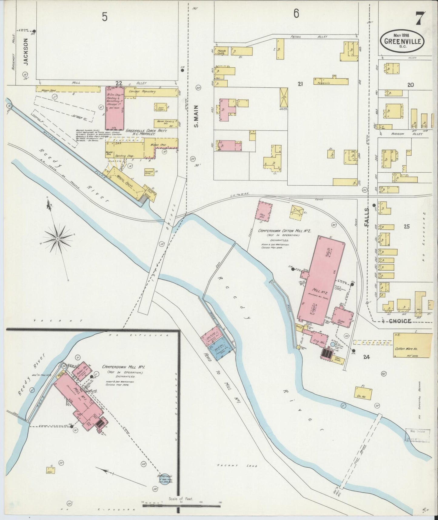 Sanborn Fire Insurance Map from Greenville, Greenville County, South Carolina (1898), Sheet #0007 - Historic Sanborn Fire Insurance Map Print, vintage old map wall art, antique decor, genealogy gift, South Carolina South Carolina map