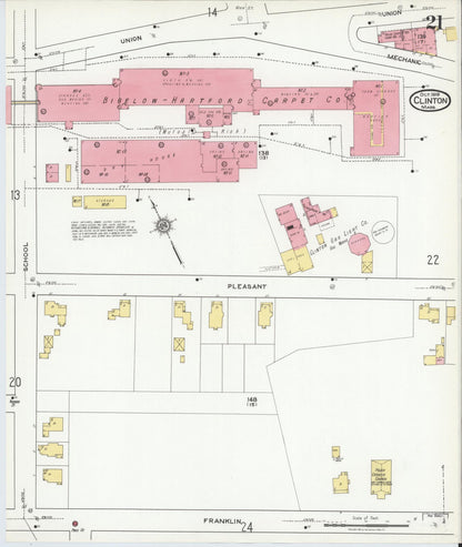 Sanborn Fire Insurance Map from Clinton, Worcester County, Massachusetts (1919), Sheet #0021 - Historic Sanborn Fire Insurance Map Print, vintage old map wall art, antique decor, genealogy gift, Massachusetts Massachusetts map