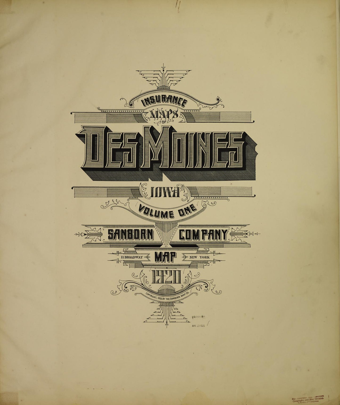 Sanborn Fire Insurance Map from Des Moines, Polk County, Iowa (1920), Sheet #0001 - Historic Sanborn Fire Insurance Map Print, vintage old map wall art