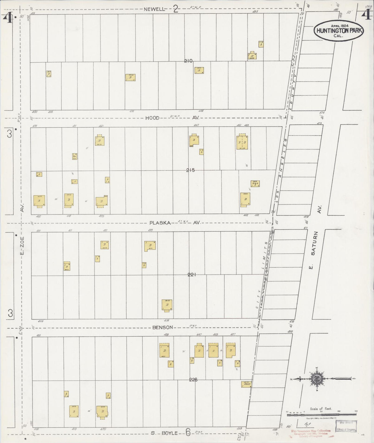 Sanborn Fire Insurance Map from Huntington Park, Los Angeles County, California (1924), Sheet #0004 - Complete Map Set gallery image, historic Sanborn map, vintage wall art, California California