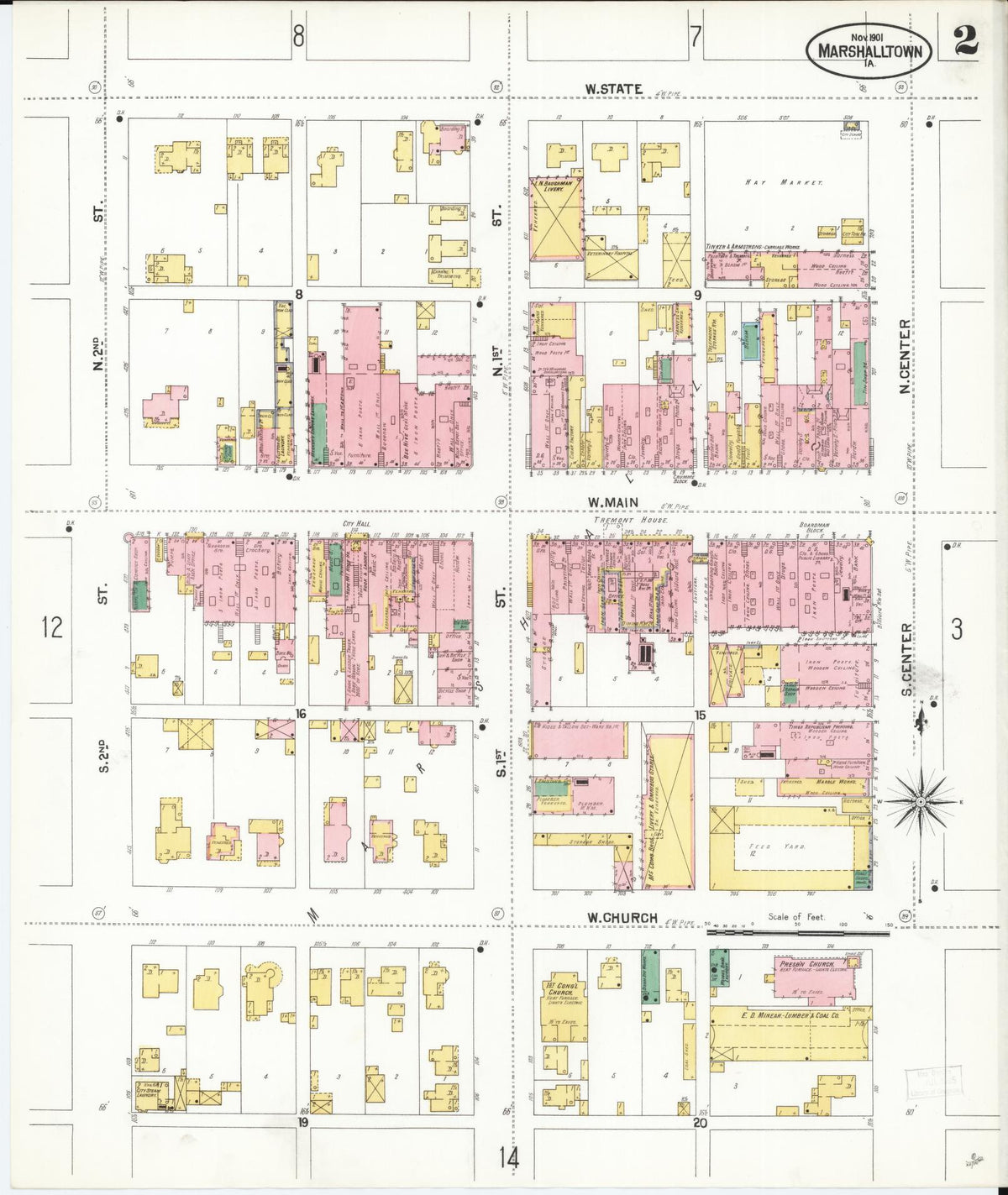Sanborn Fire Insurance Map from Marshalltown, Marshall County, Iowa (1901), Sheet #0002 - Historic Sanborn Fire Insurance Map Print, vintage old map wall art